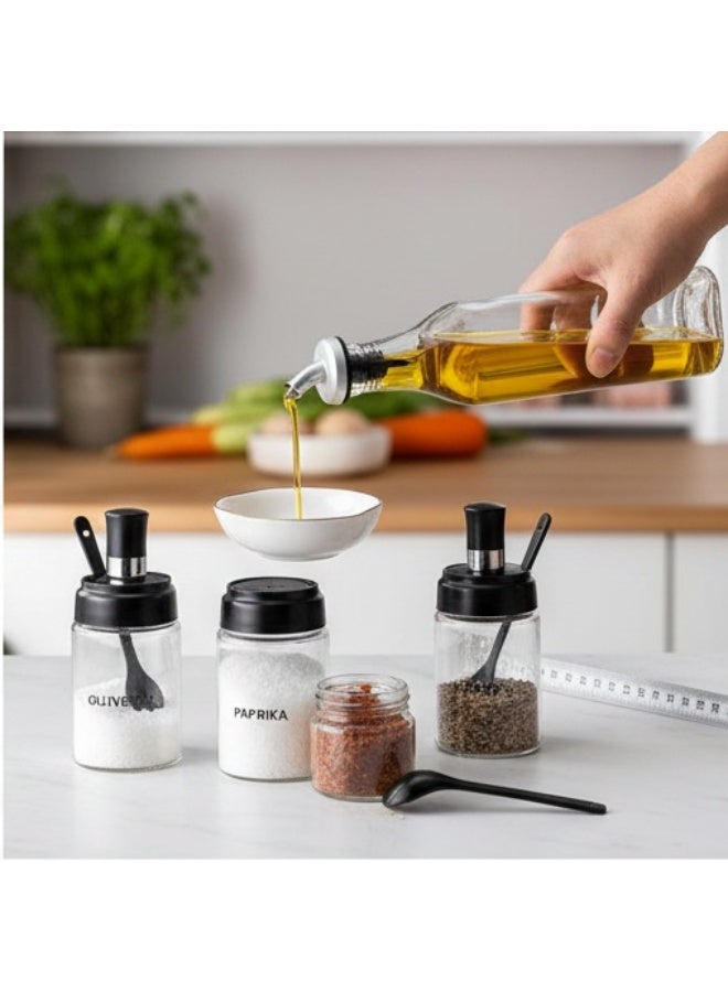 RR BRAND Set of 2 Oil & Vinegar Bottles (500 ml) and 3 Glass Spice Jars with Spoons – Clear Kitchen Storage Set - Image 2